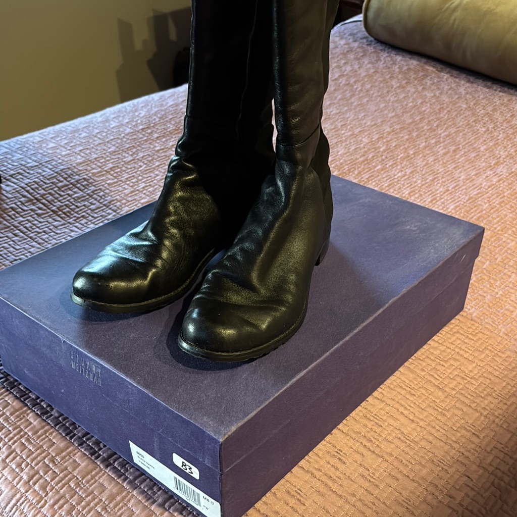 Stuart Weitzman Sleek Black Heeled Boots With Glossy Finish